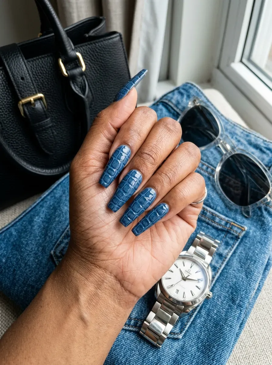 Long blue coffin nails with glossy crocodile texture on warm brown skin