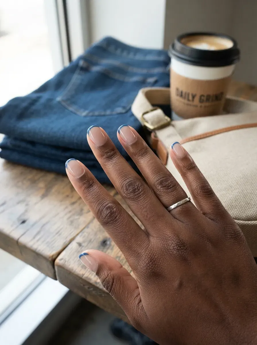 Short nude nails with denim blue tips on deep brown skin