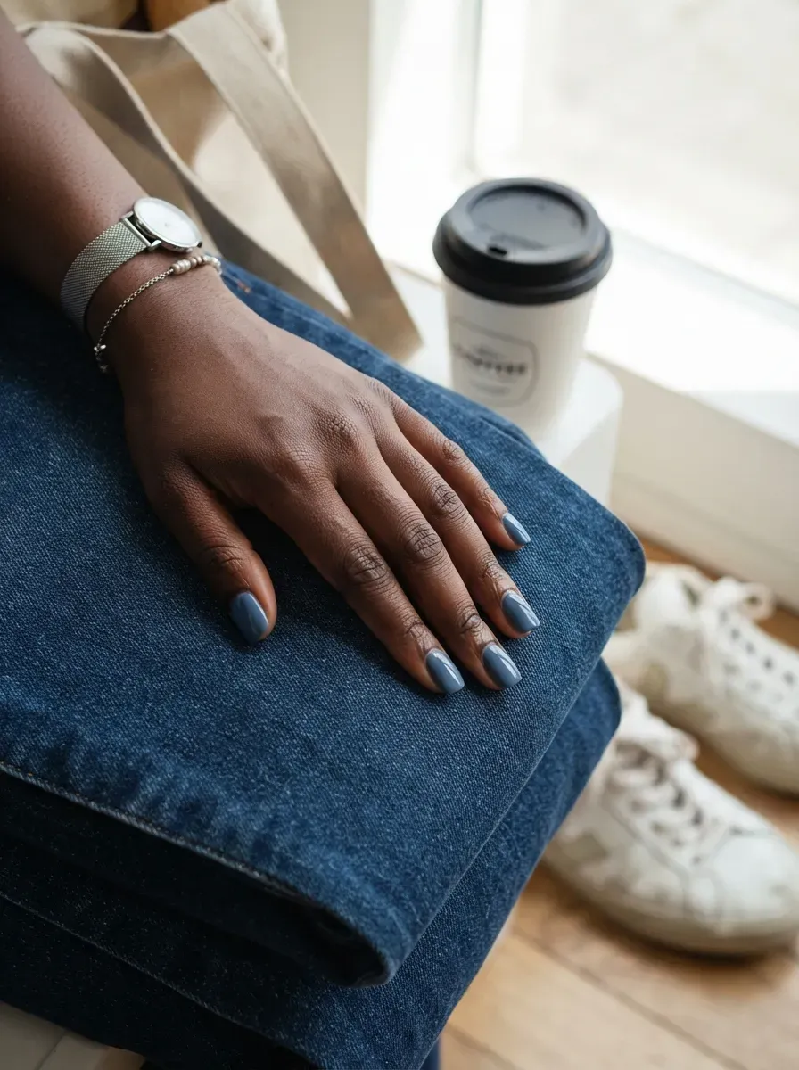 Short square nails painted muted denim blue on rich dark skin tone