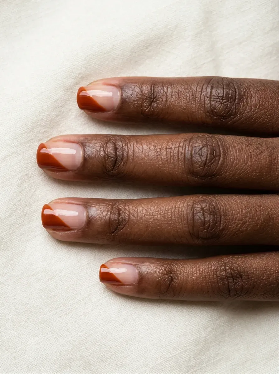 Nails with an angled diagonal burnt orange French tip line
