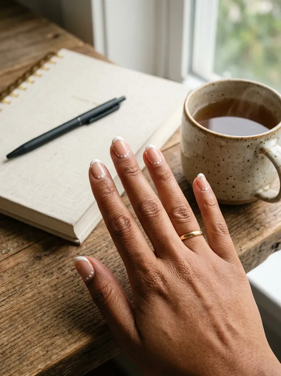 Minimal dotted French edge on short round nude nails with brown warm skin