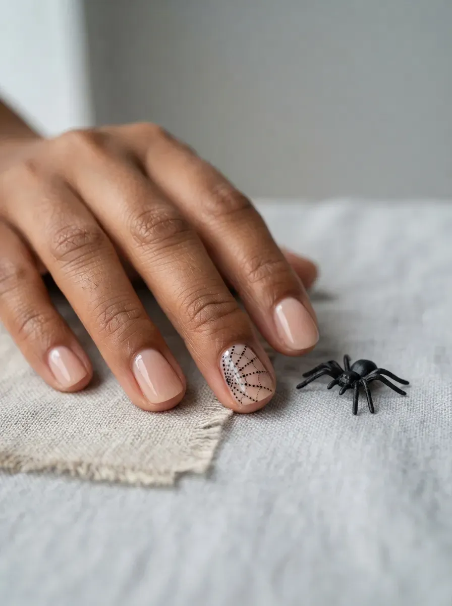 Short nails with a small black spiderweb made of connected dots in one corner on warm brown skin
