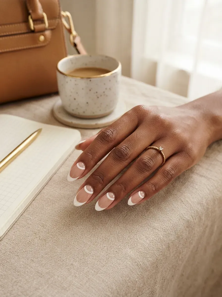 Two parallel deep French lines on almond nude nails with brown skin