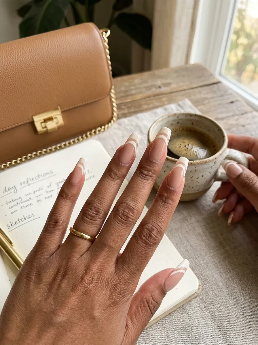 Long coffin nails with two parallel French tip lines on brown skin