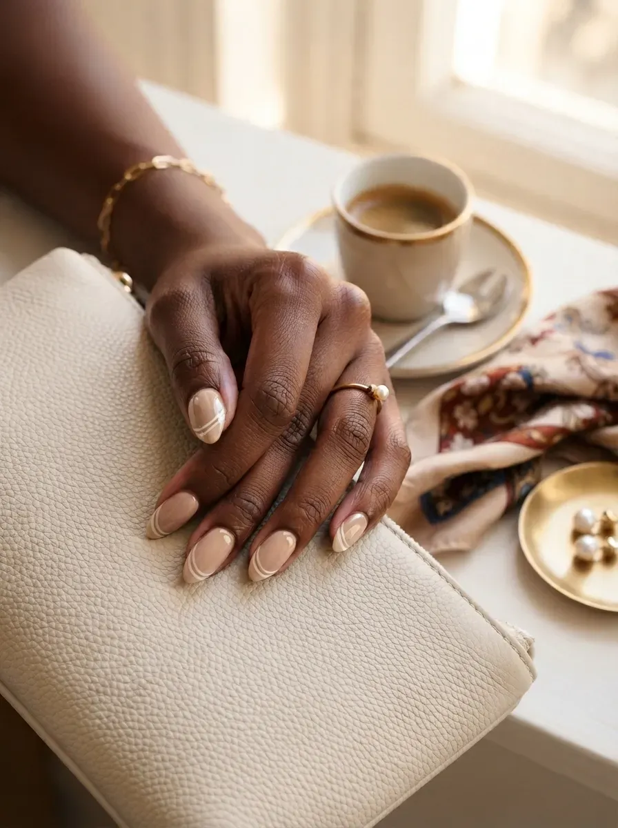 Almond nude nails with two delicate white French lines on chestnut skin