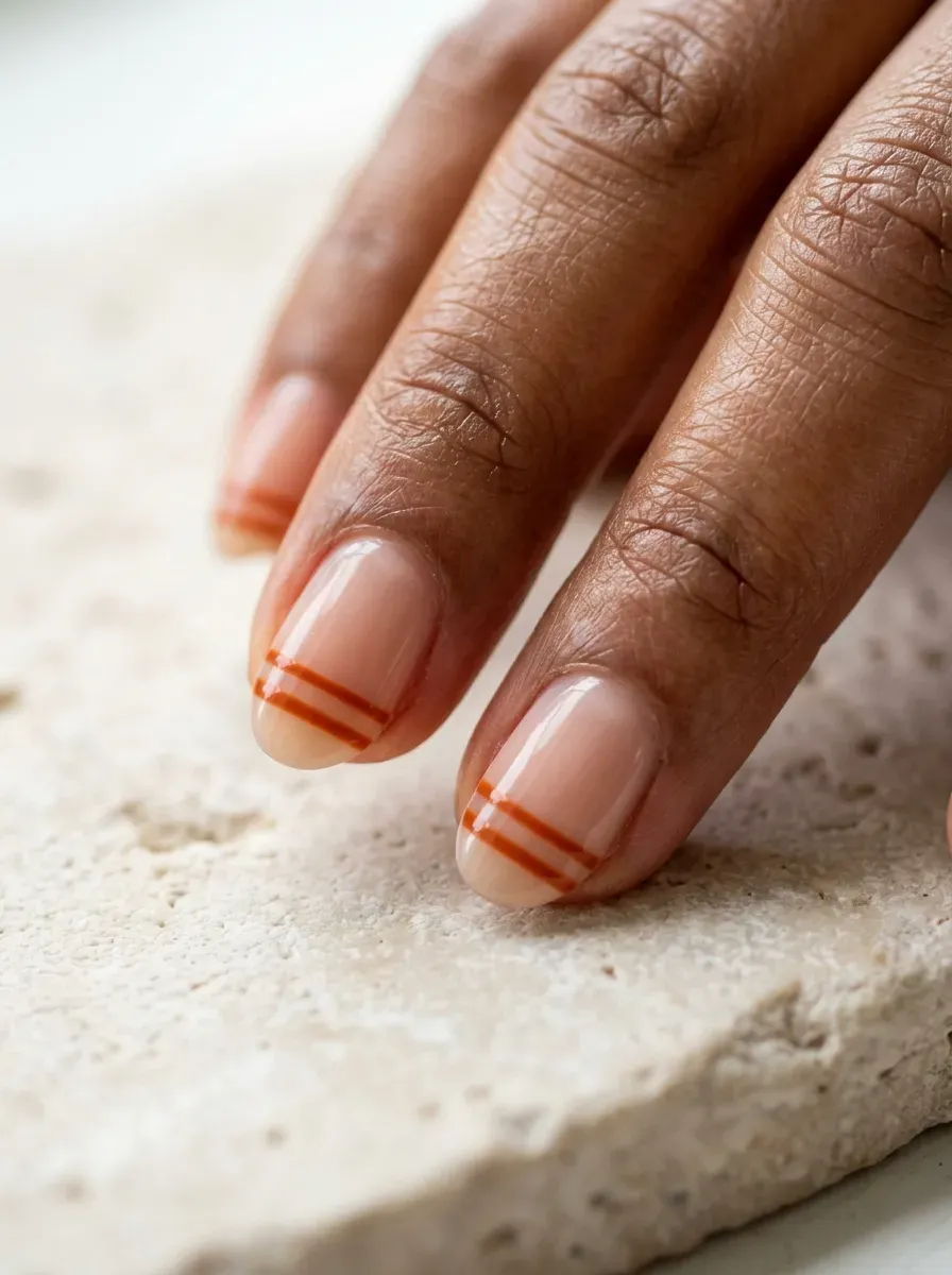French tip nails with two thin parallel burnt orange lines