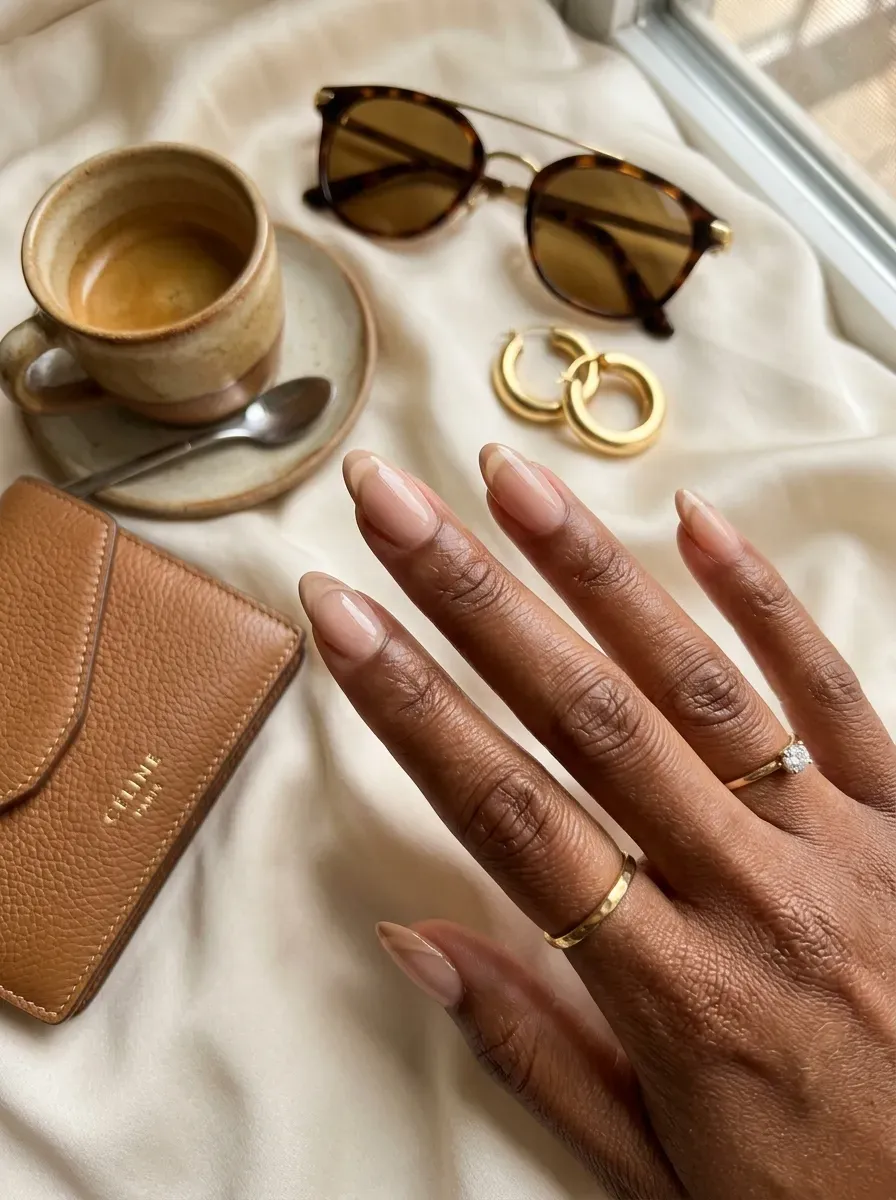 Two fine beige French lines on translucent almond nails with brown skin