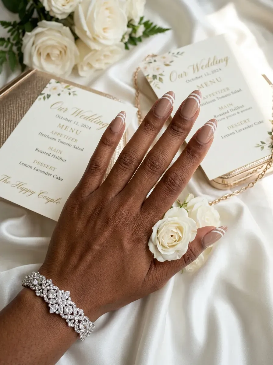 Two delicate white French lines on almond nude nails with warm skin