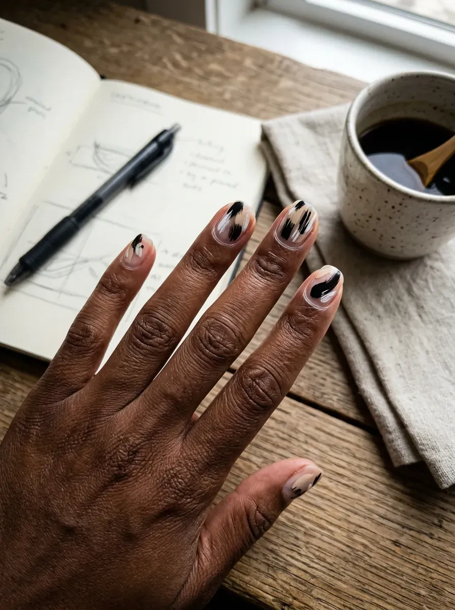 Neutral nails with loose black and beige dry-brush strokes on chestnut skin