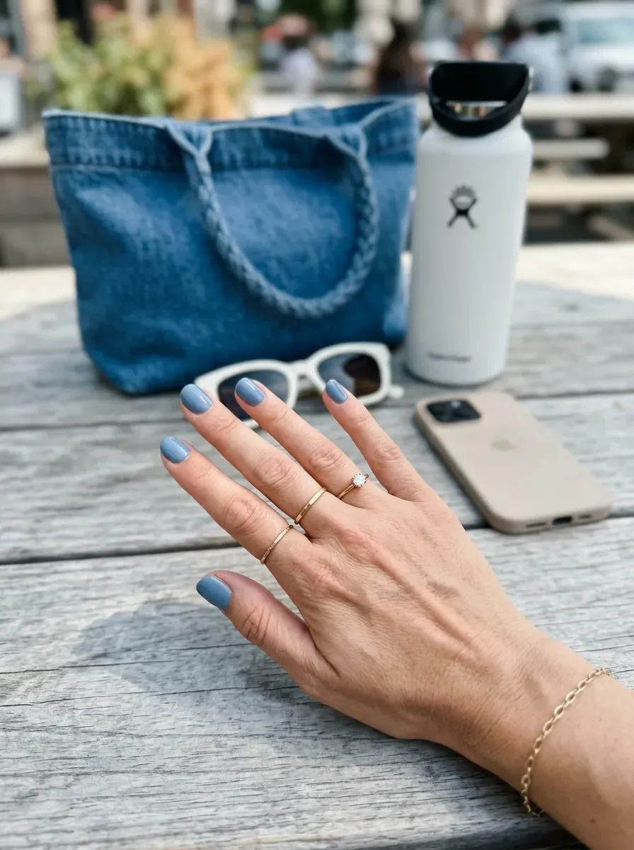 Short rounded nails painted with muted dusty blue cream polish