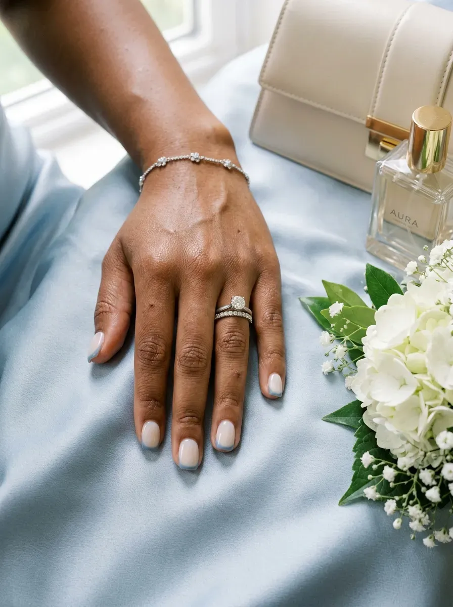 Dusty blue French tips on soft square nails with warm brown skin