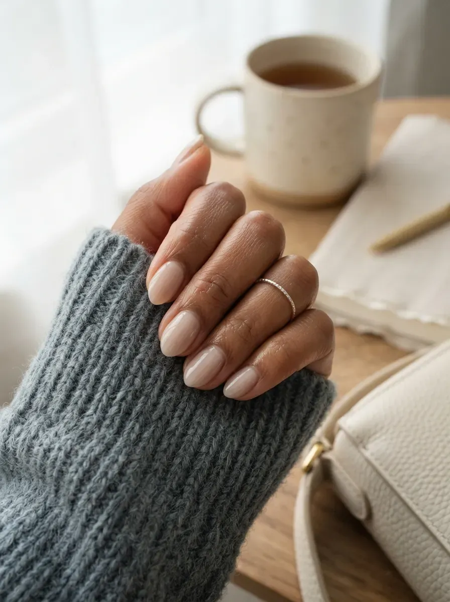 Dusty blue French tips on short almond nails with warm brown skin