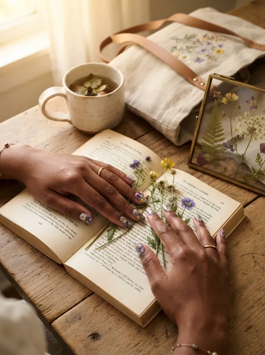 Dusty lavender nails featuring delicate hand-painted multicolor wildflower stems