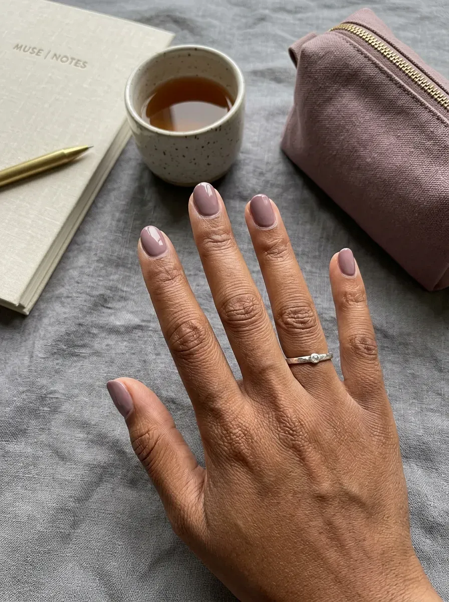 Short glossy dusty mauve nails photographed on brown skin with neutral undertones