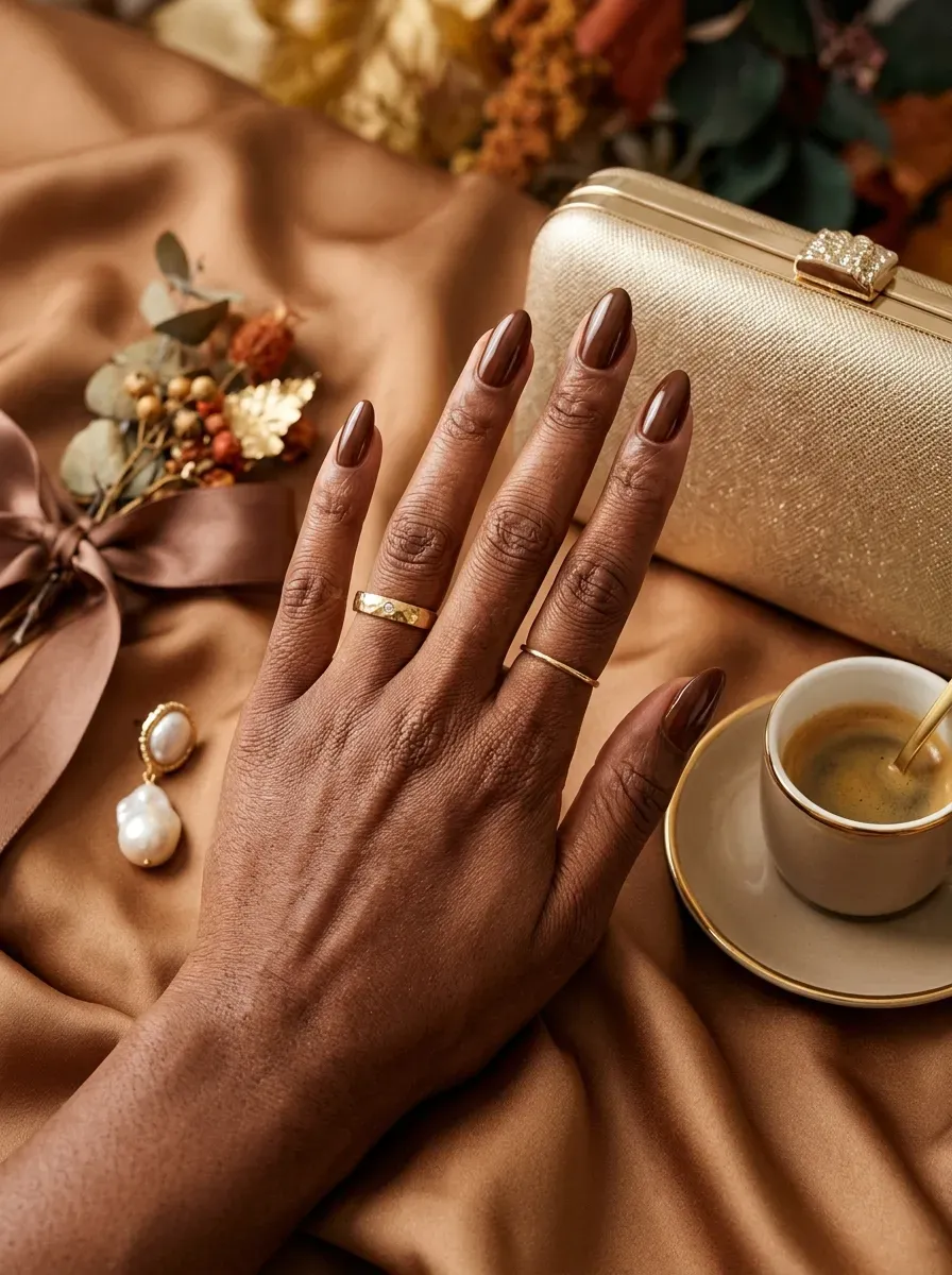 Short dusty mauve nails on rich brown skin beside wedding guest accessories
