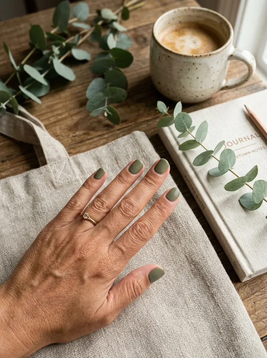 Short rounded nails painted with muted dusty olive green polish