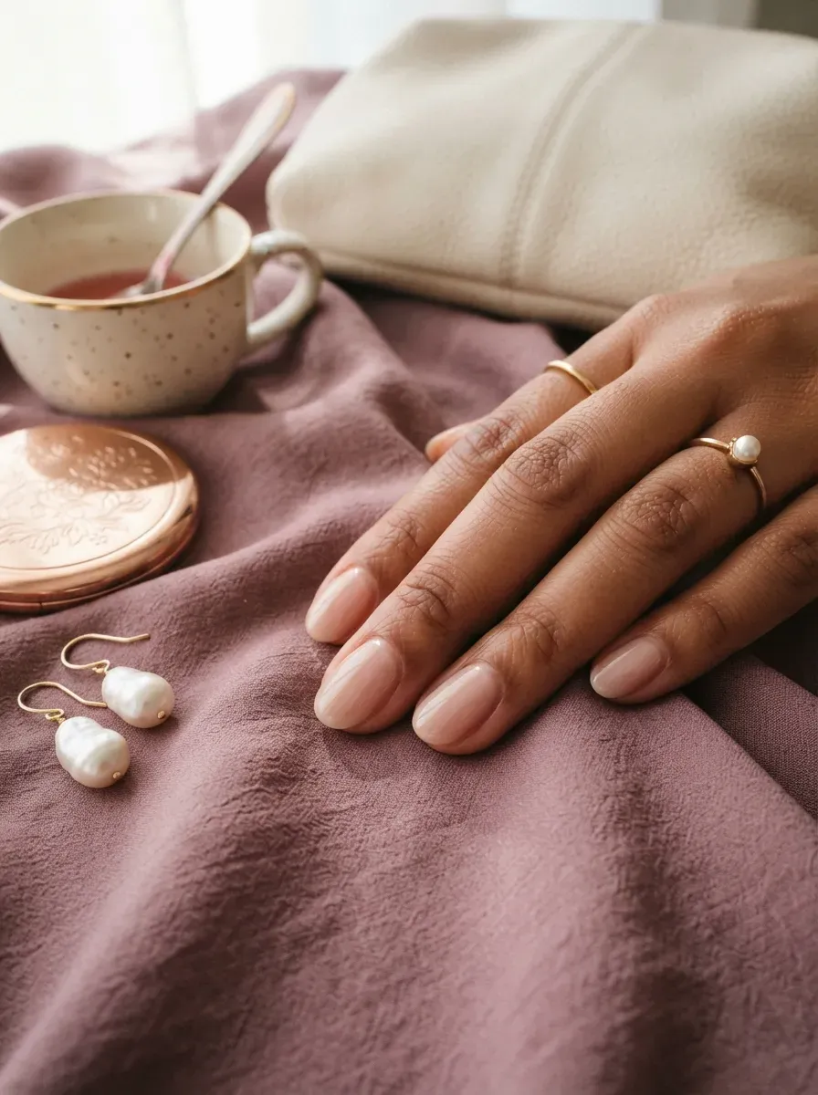 Dusty rose French tips on short squoval nails over chestnut skin