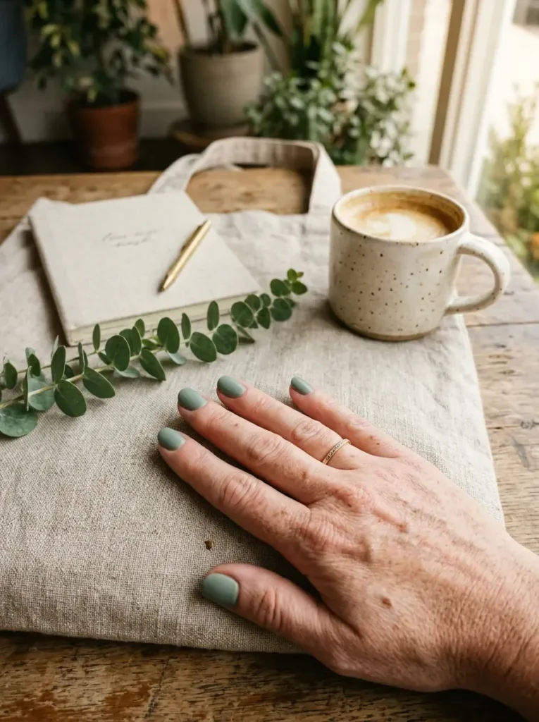 Short rounded nails painted in muted dusty sage green