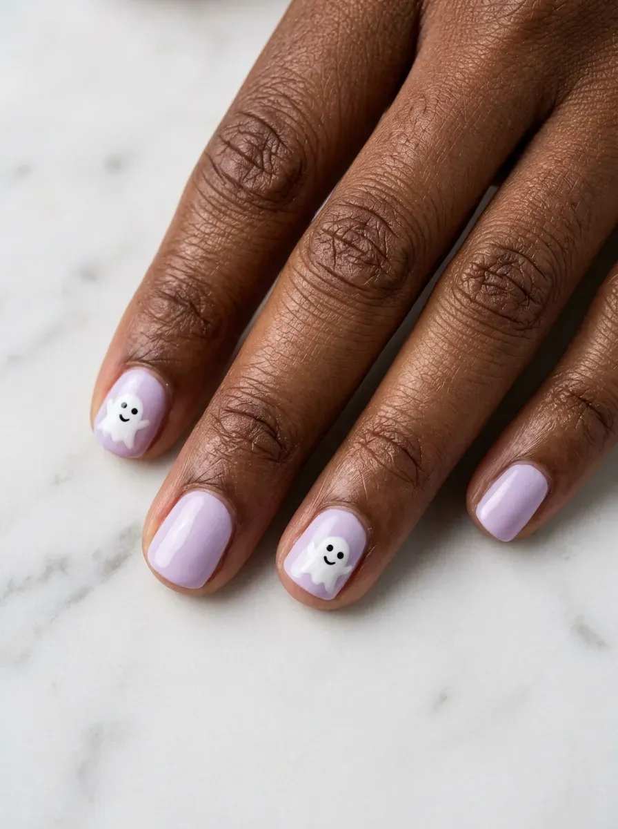 Short rounded nails with white ghost faces over pastel lavender polish