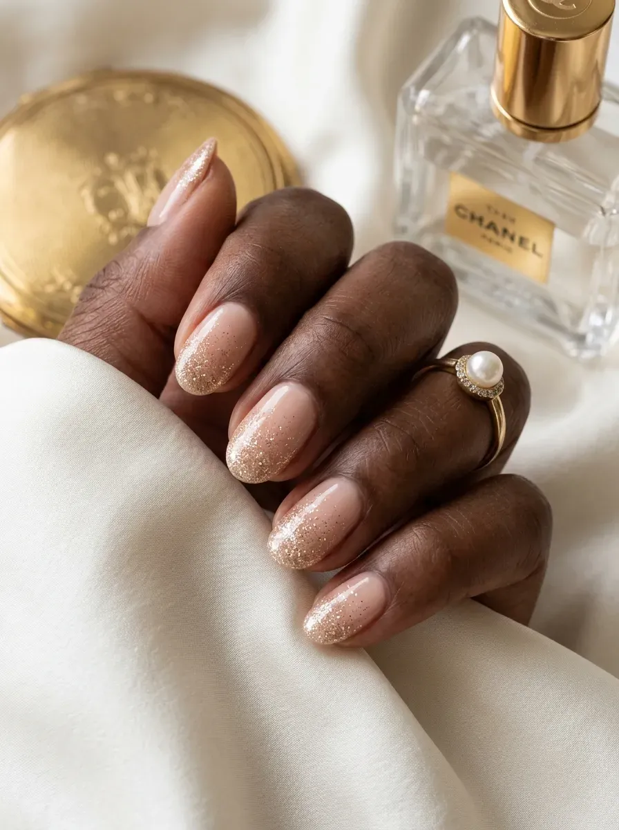 Short nude nails with fine glitter fading from the tips downward