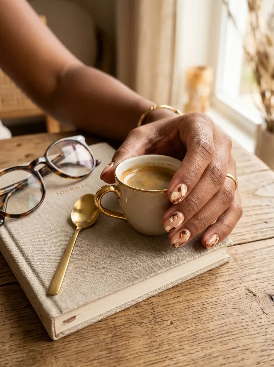 Short nude nails with soft brown marble dabs on warm skin