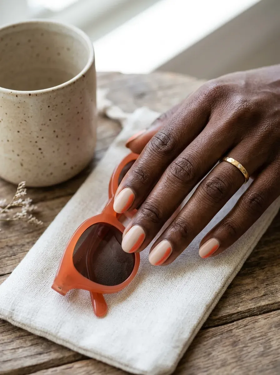 Short beige nails with imperfect coral side-swipe polish details