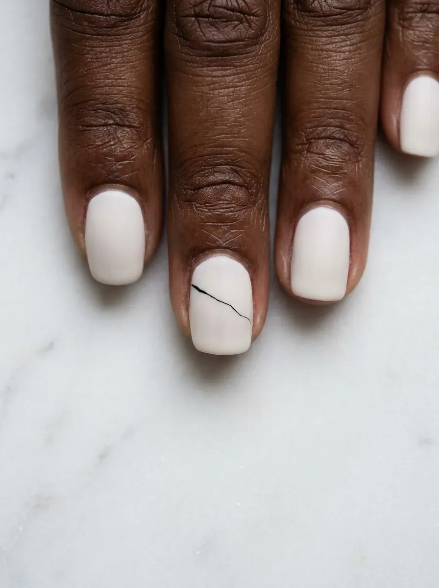 Pale porcelain-toned matte nails with subtle painted crack detail