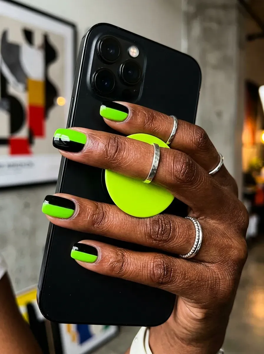 Split-tone nails featuring half electric lime green and half jet black