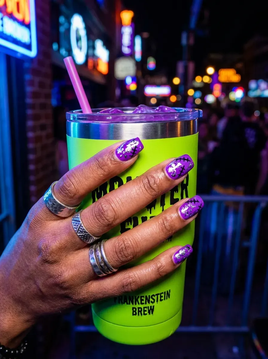 Bright electric purple foil nails detailed with black Frankenstein stitches
