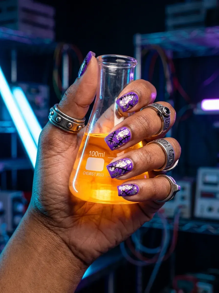 Bright electric purple nails decorated with black stitched line accents