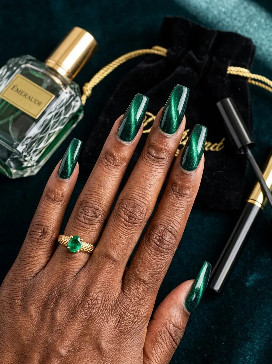 Long coffin nails with emerald magnetic cat eye polish on dark skin