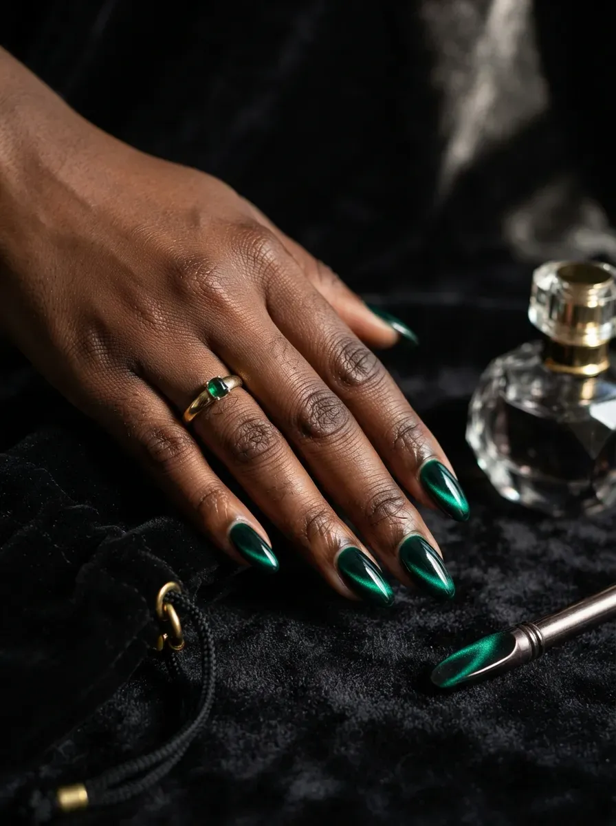 Emerald magnetic deep French tips on almond nails with rich dark skin