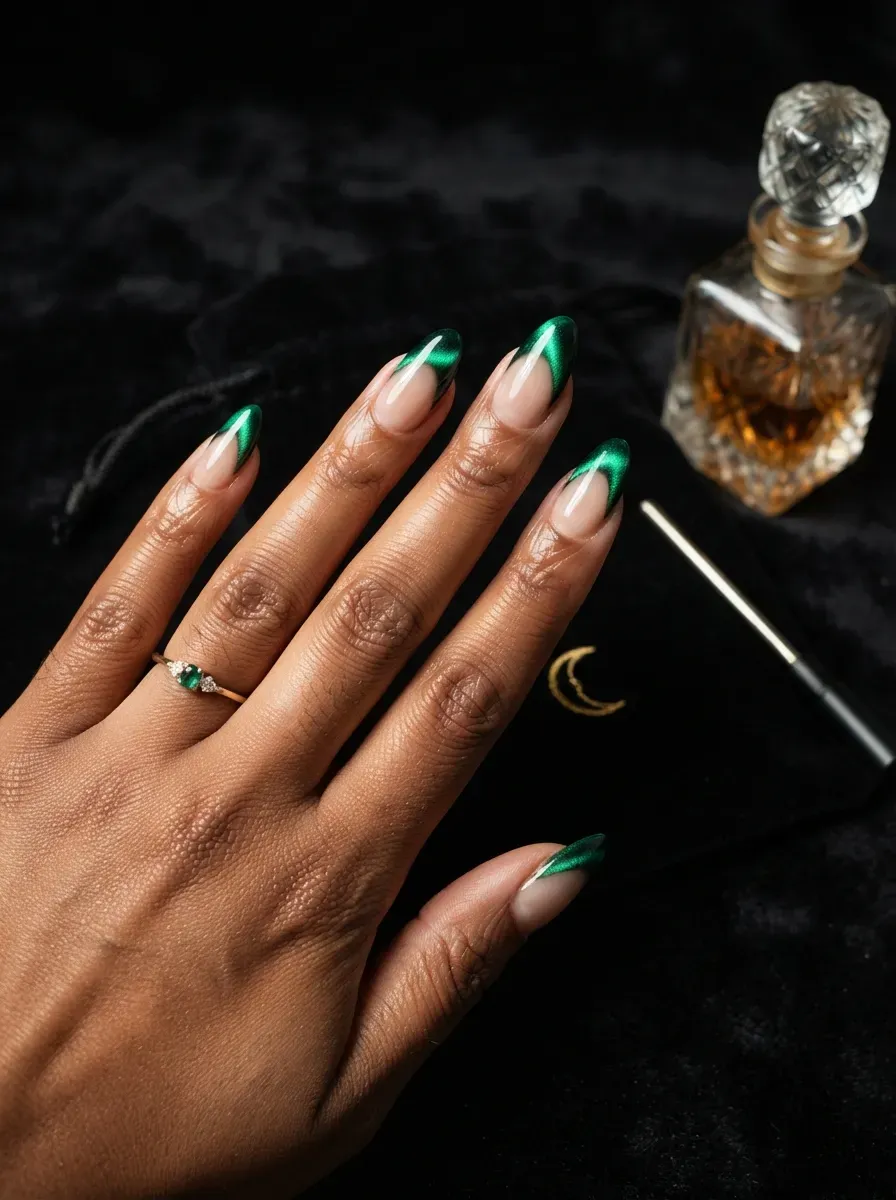 Emerald magnetic cat eye French tips on almond nails with warm brown skin