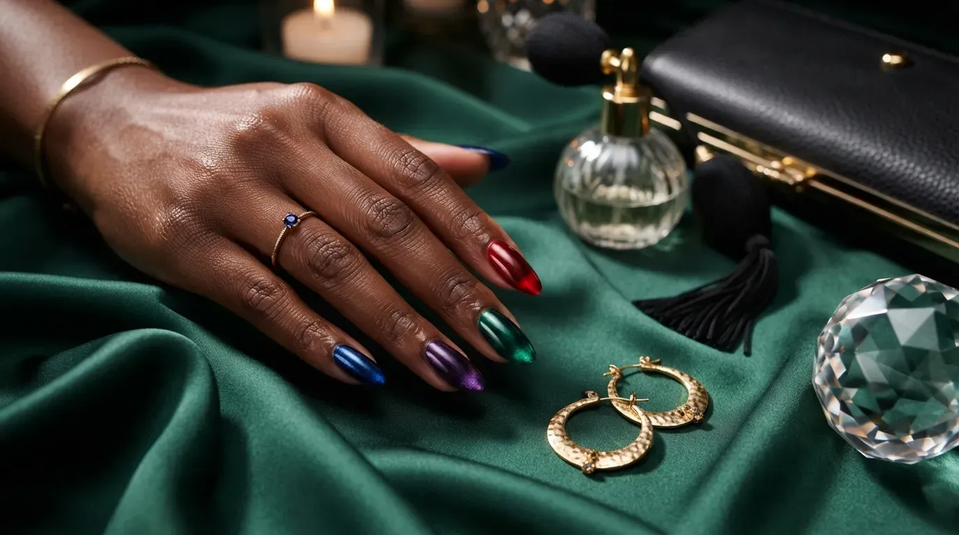Long oval nails with translucent emerald green glass-like color