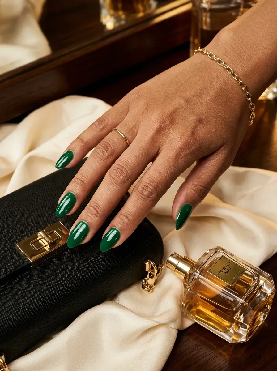 Short almond nails coated in rich glossy emerald green polish