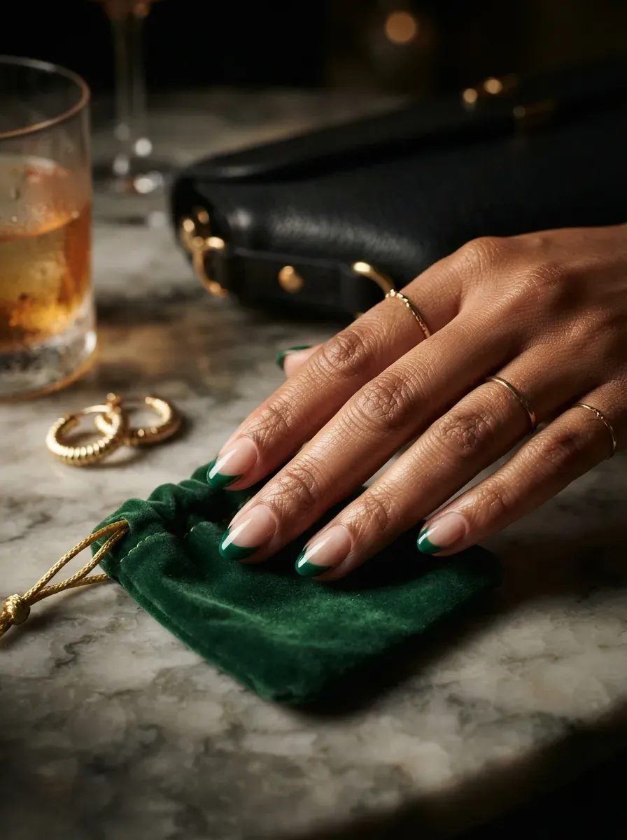 Short nude nails with asymmetrical emerald green negative-space tips on brown skin
