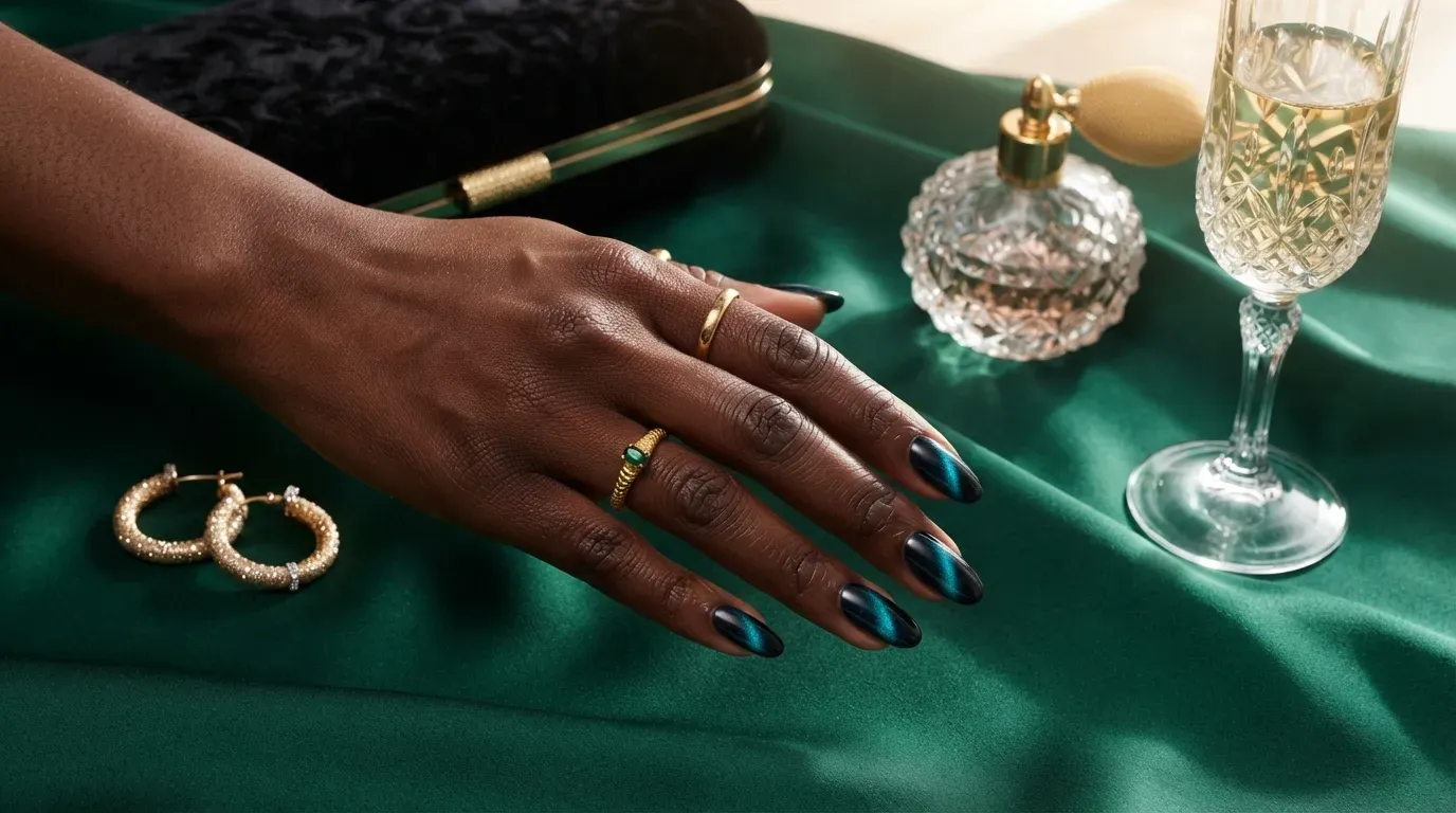 Long oval nails with deep emerald magnetic velvet reflections