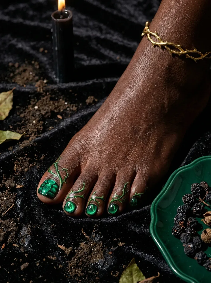 Emerald velvet magnetic polish on short toes with rich dark skin