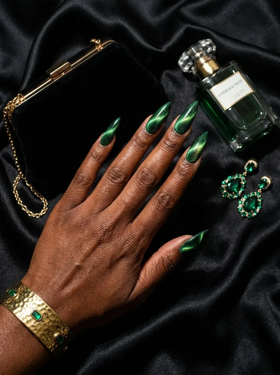 Long emerald velvet stiletto nails shimmering against rich brown skin