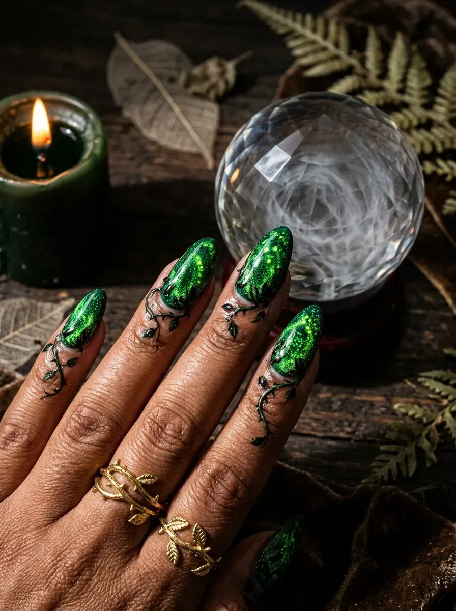 Emerald magnetic witch nails with velvet shimmer finish