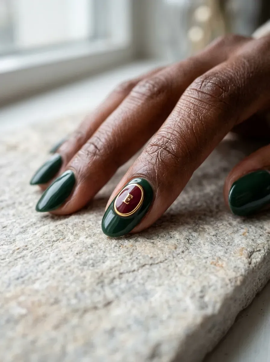Glossy enamel-style button detail nail art on accent nail