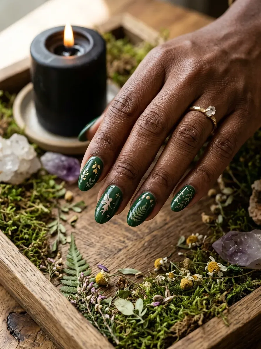 Green botanical witch nails with forest inspired details