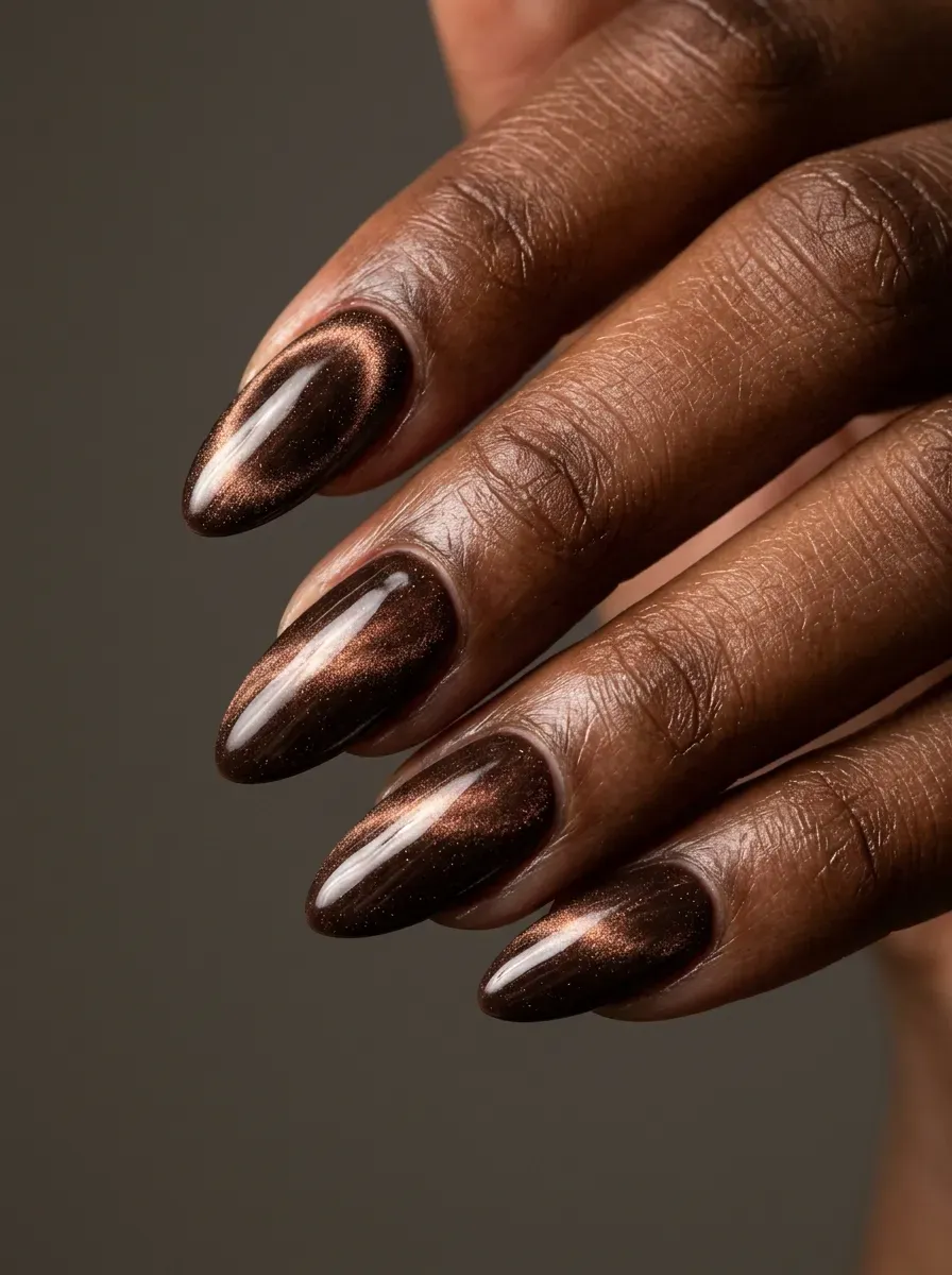 Medium almond nails with espresso brown velvet magnetic gel finish on dark skin
