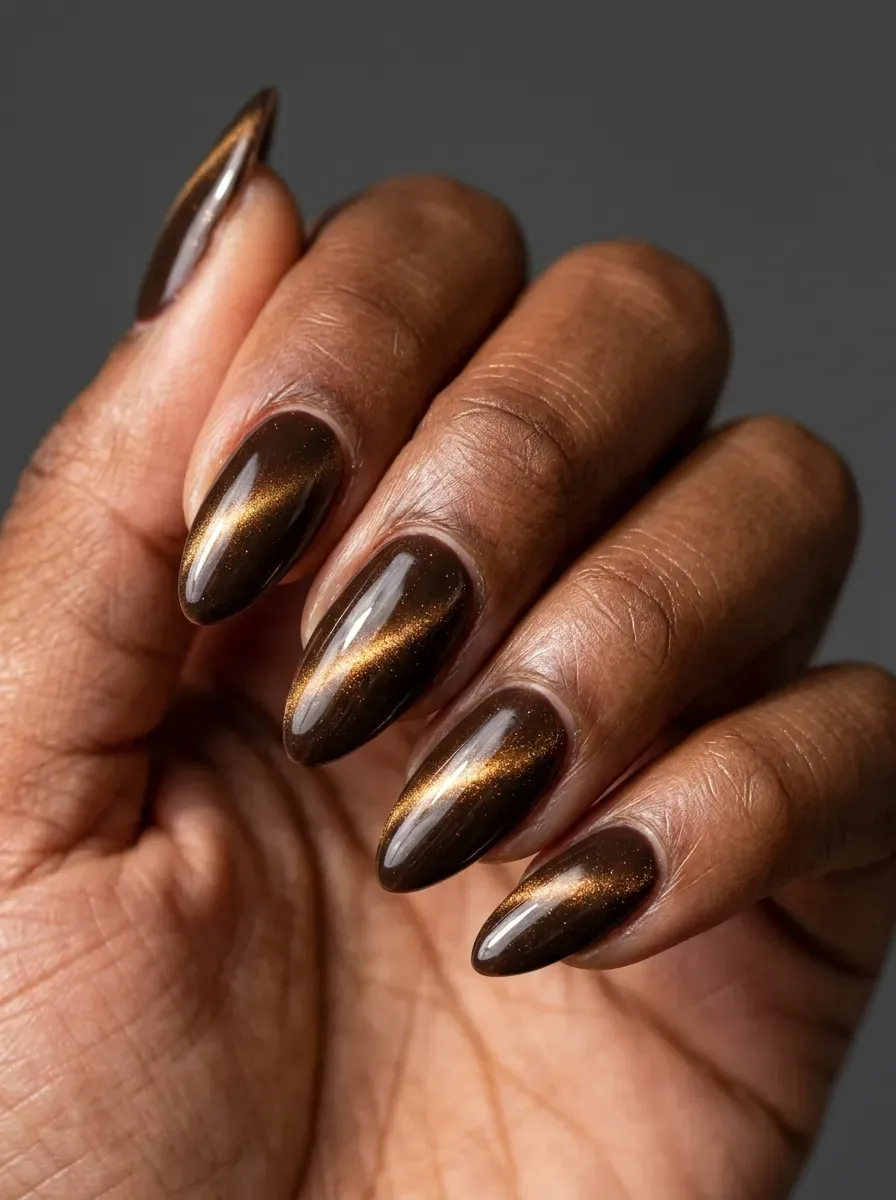 Medium almond nails with dark espresso cat eye gel finish on chestnut skin