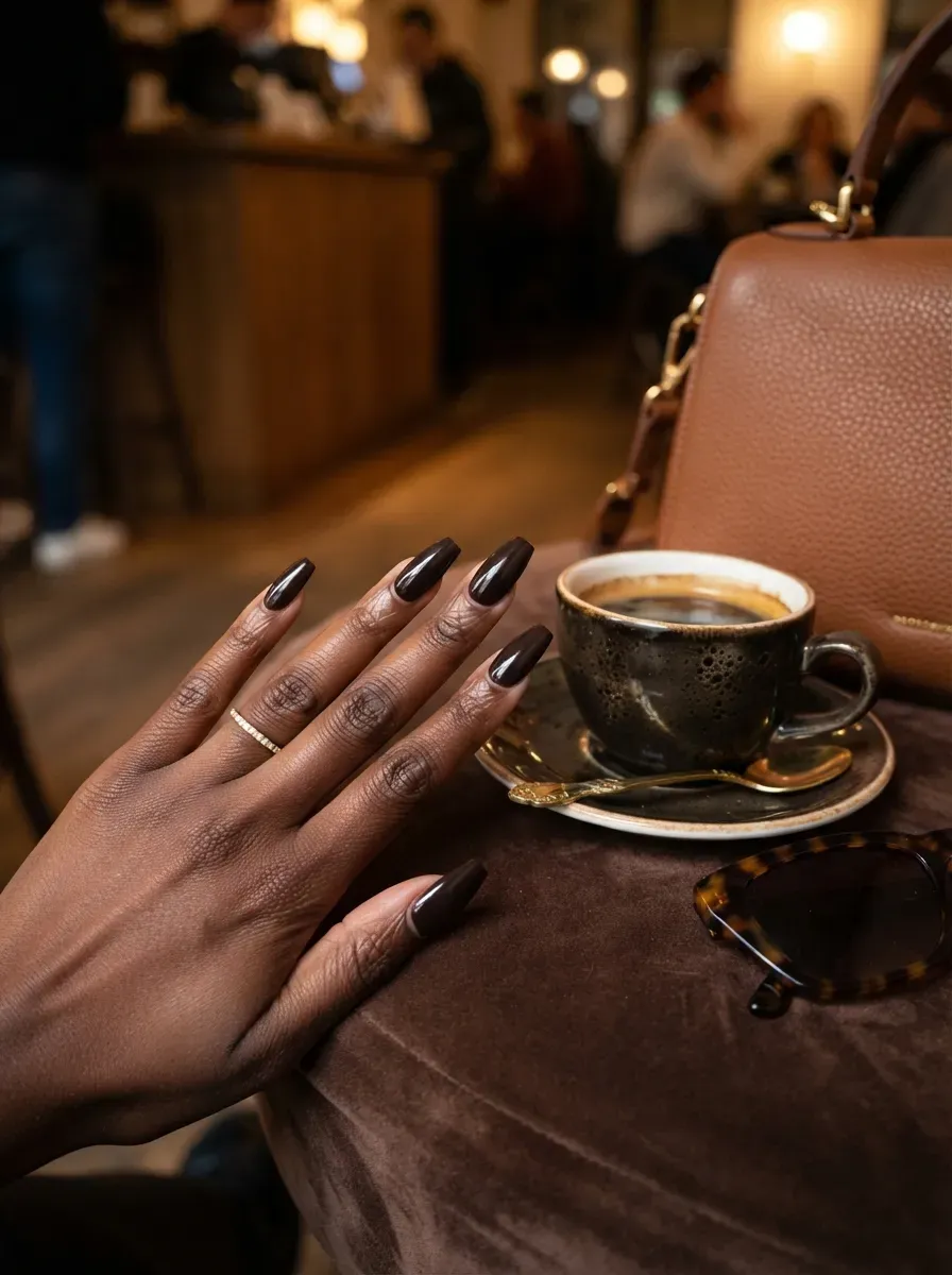 Espresso deep French tips on coffin nails over deep brown skin