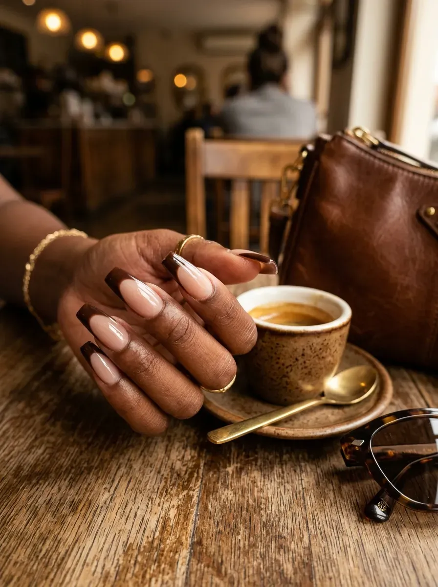 Long nude coffin nails with deep espresso French tips on chestnut skin