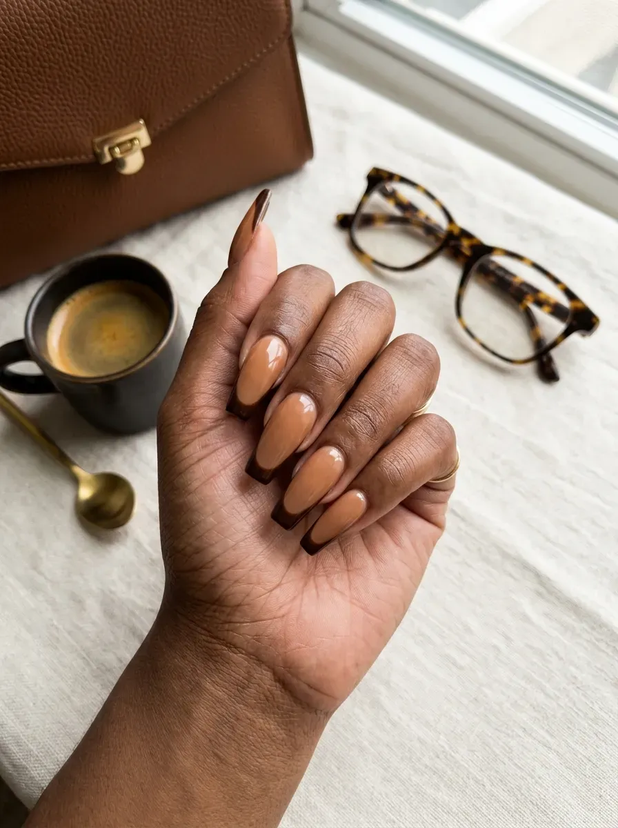 Long coffin nails with espresso brown French tips on warm dark skin