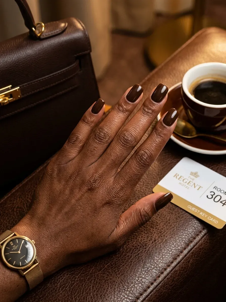 Espresso brown nails on deep brown skin with luxury city travel styling