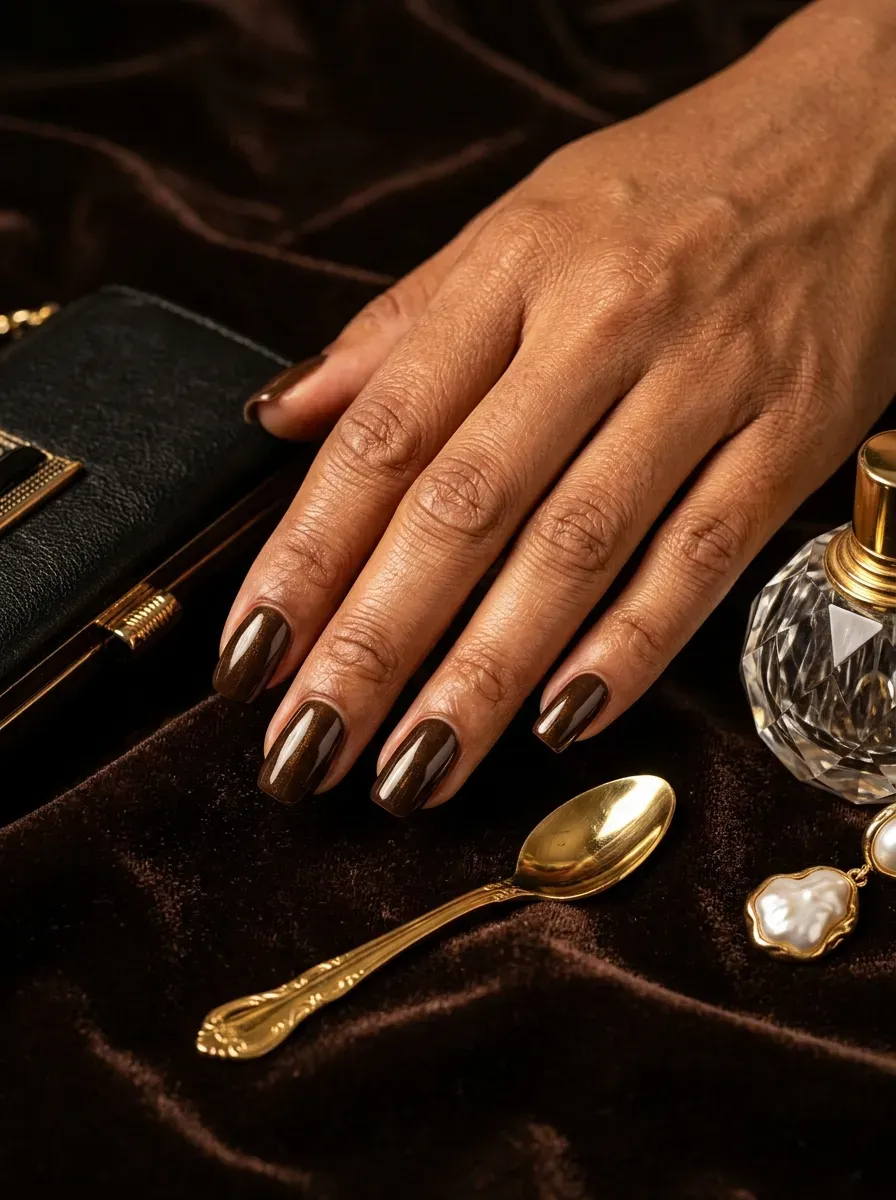 Deep espresso glossy nails on warm brown skin with formal autumn accessories