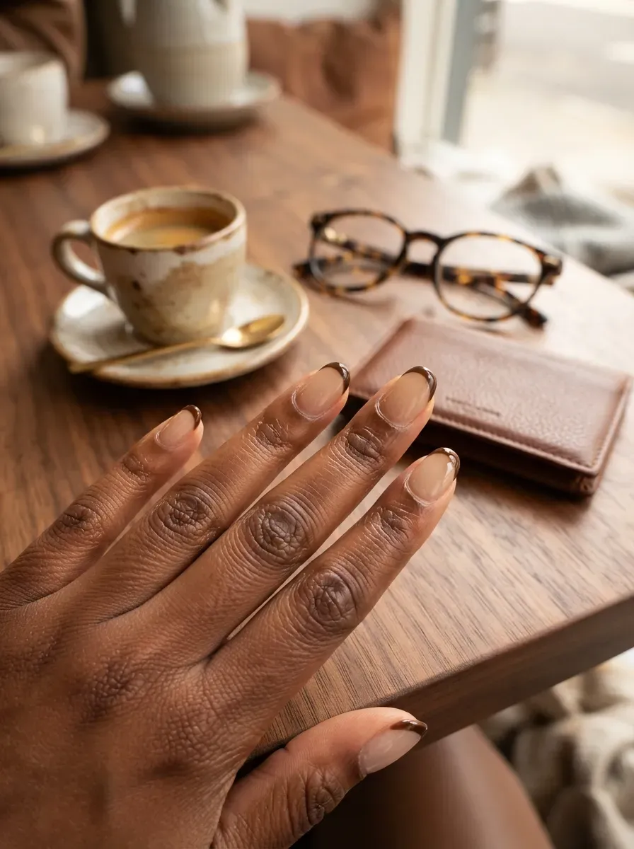 Short almond nails with thin espresso French tips on rich brown skin